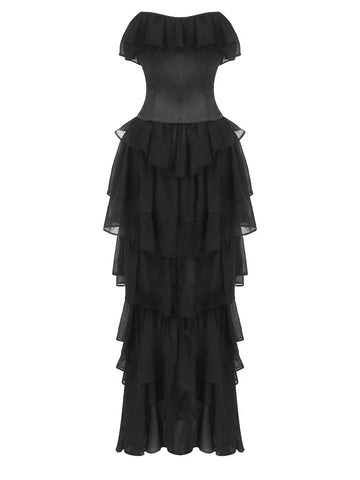 Vintage Black Strapless Ruffle Gown ¨C Sheer Waist-Cinching Evening Dress for Gala & Runway